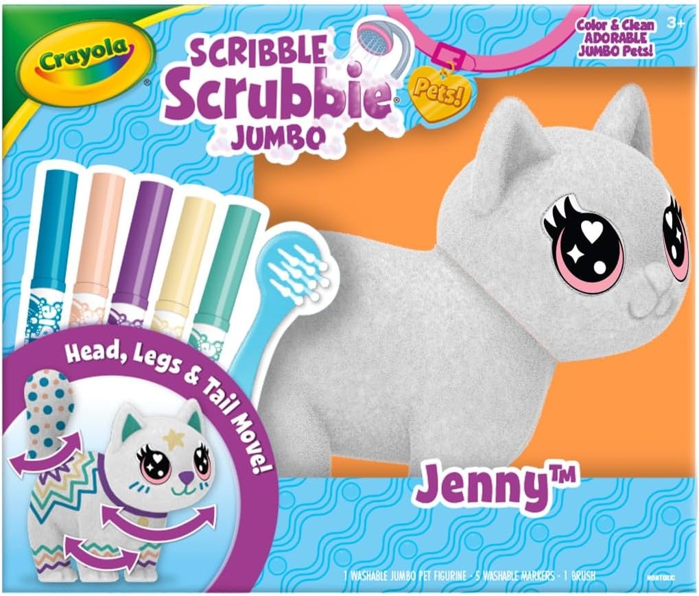 Crayola Jumbo (6 inch) Scribble Scrubbie Pets, Rory the Dino, Posable Kids Toy, Customizable Toy, Gift(Cat)