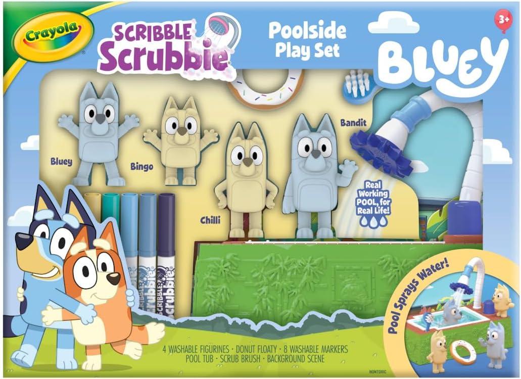 Crayola Scribble Scrubbies Bluey Poolside Playset (4ct), Washable Bluey Toy Set for Kids, Holiday for Toddlers, with Bingo, Chilli, and Bandit, Ages 3+(Poolside Playset)
