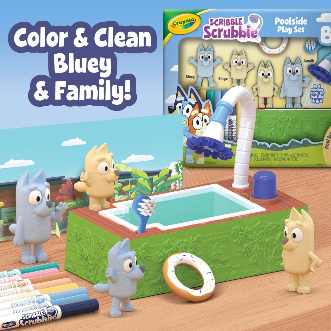 Crayola Scribble Scrubbies Bluey Poolside Playset (4ct), Washable Bluey Toy Set for Kids, Holiday for Toddlers, with Bingo, Chilli, and Bandit, Ages 3+(Poolside Playset)