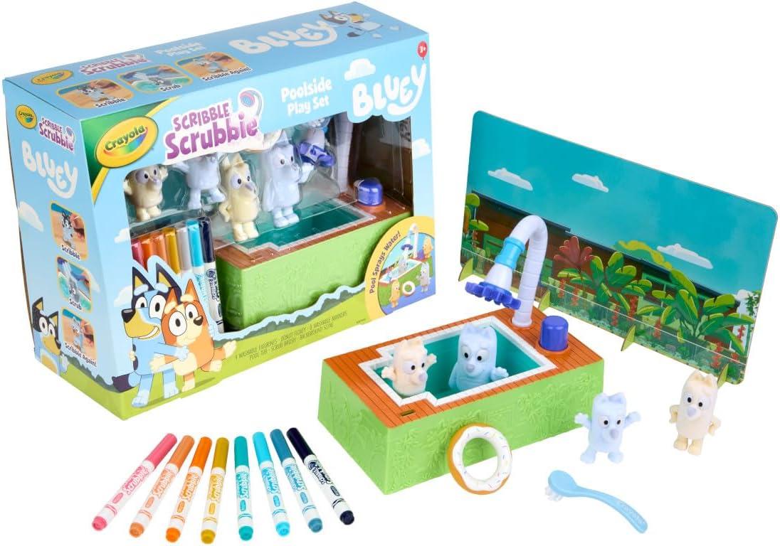 Crayola Scribble Scrubbies Bluey Poolside Playset (4ct), Washable Bluey Toy Set for Kids, Holiday for Toddlers, with Bingo, Chilli, and Bandit, Ages 3+(Poolside Playset)