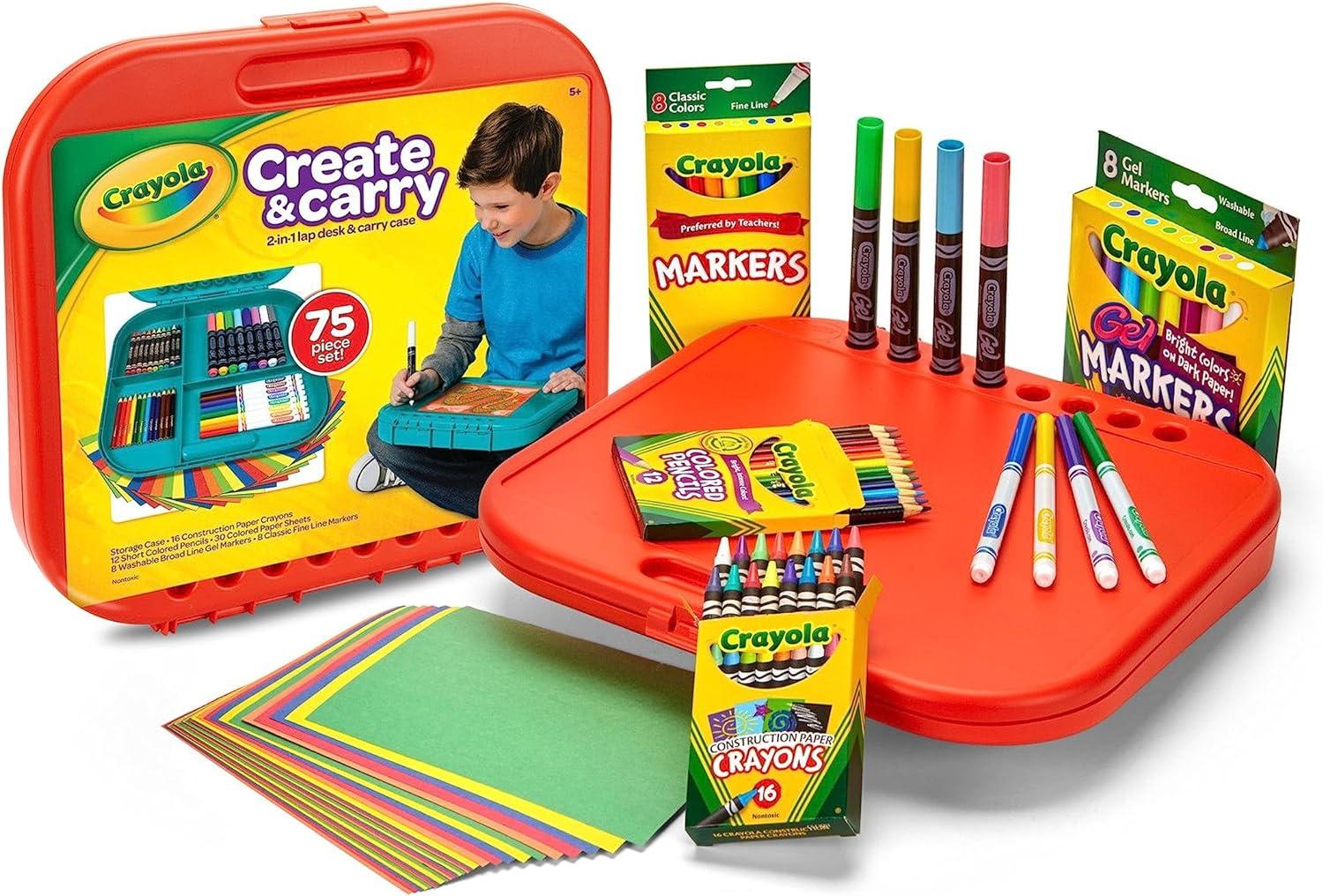 Crayola Create ‘N Carry Travel Art Set for Kids (75pcs), 2-in-1 Lap Desk & Carrying Case, Holiday for Kids, Art Supplies Kit for Crafting, Drawing & Coloring(Art Set)