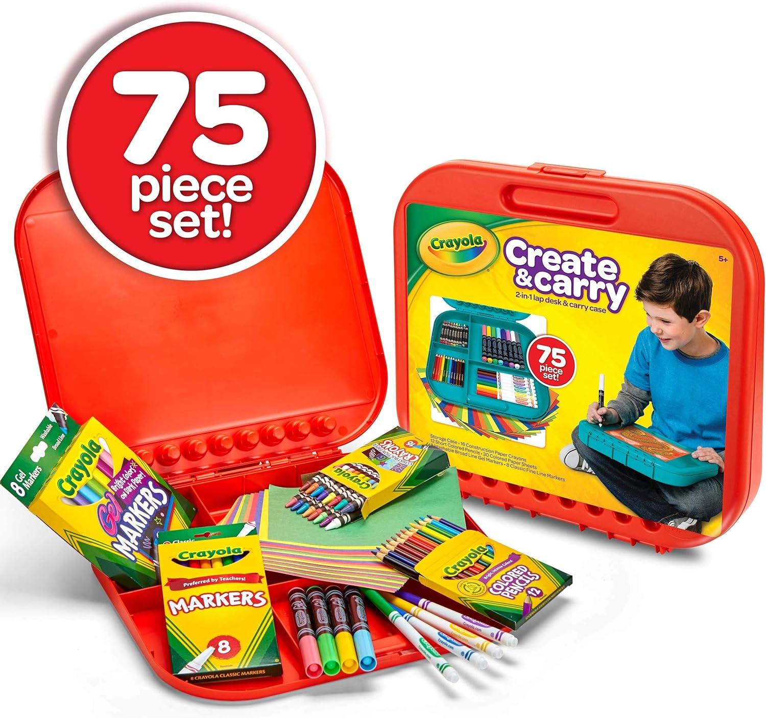 Crayola Create ‘N Carry Travel Art Set for Kids (75pcs), 2-in-1 Lap Desk & Carrying Case, Holiday for Kids, Art Supplies Kit for Crafting, Drawing & Coloring(Art Set)