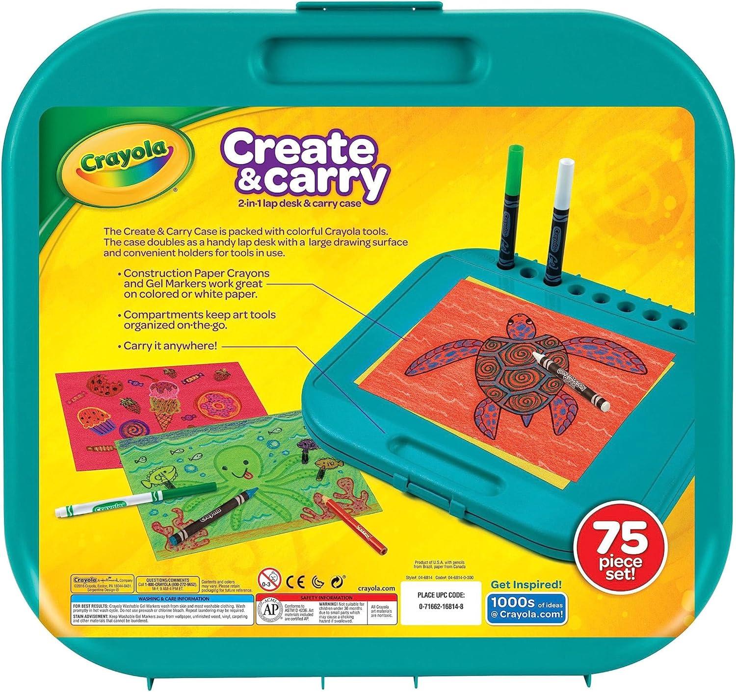 Crayola Create ‘N Carry Travel Art Set for Kids (75pcs), 2-in-1 Lap Desk & Carrying Case, Holiday for Kids, Art Supplies Kit for Crafting, Drawing & Coloring(Art Set)