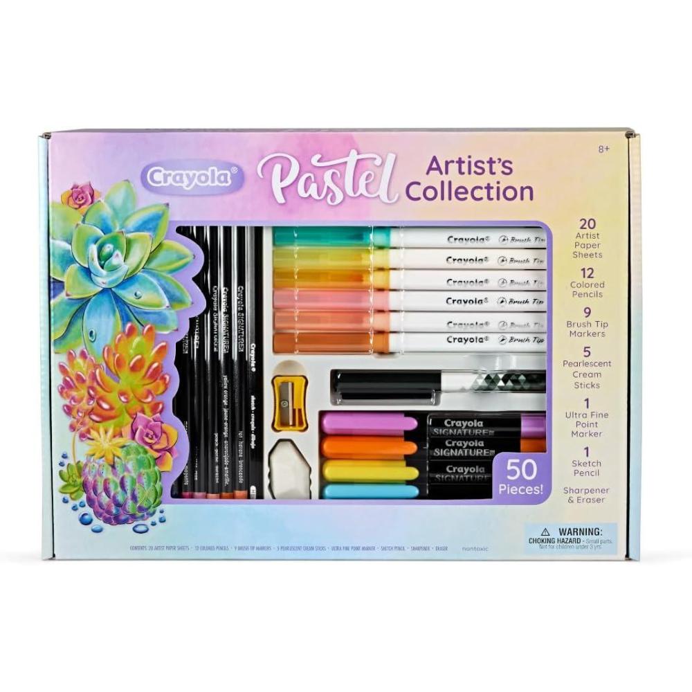Crayola Pastel Colors Art Kit (50pcs), Kids Art Set with Pastel Markers & Pencils, Gift for Kids, 8+