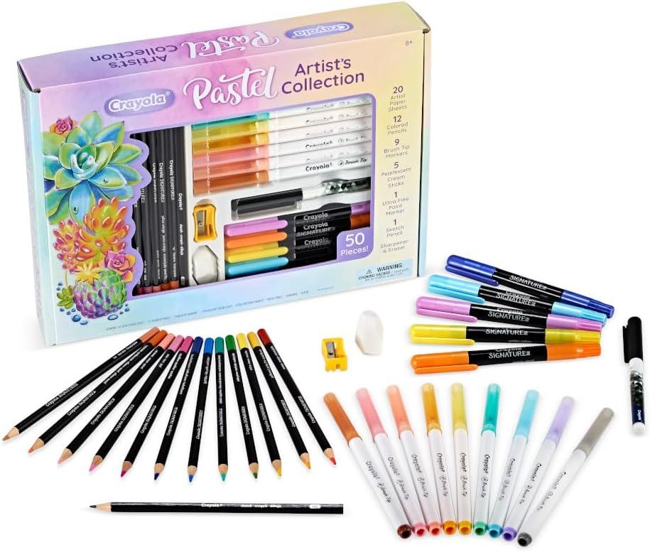 Crayola Pastel Colors Art Kit (50pcs), Kids Art Set with Pastel Markers & Pencils, Gift for Kids, 8+