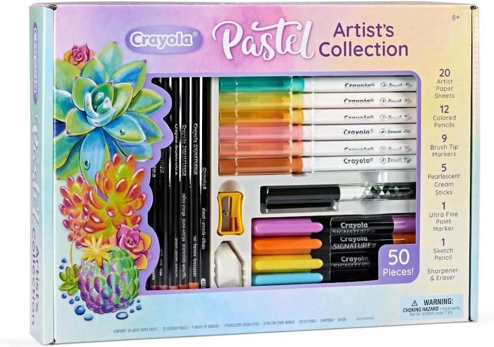 Crayola Pastel Colors Art Kit (50pcs), Kids Art Set with Pastel Markers & Pencils, Gift for Kids, 8+