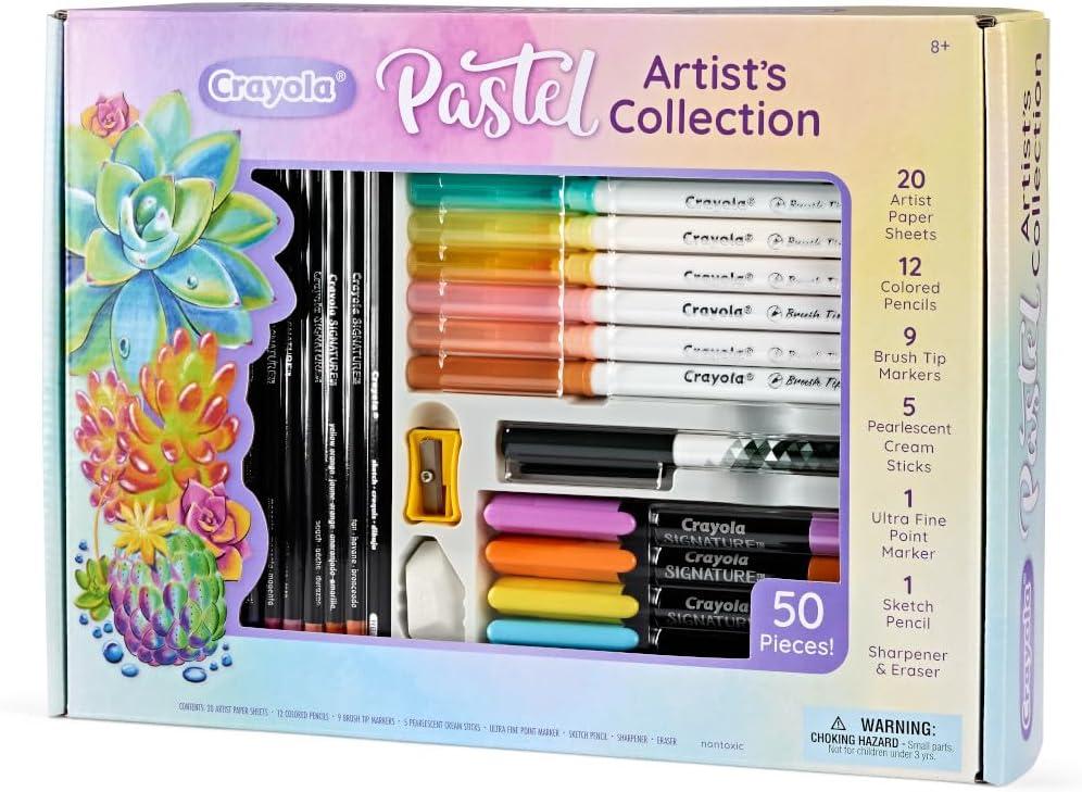 Crayola Pastel Colors Art Kit (50pcs), Kids Art Set with Pastel Markers & Pencils, Gift for Kids, 8+