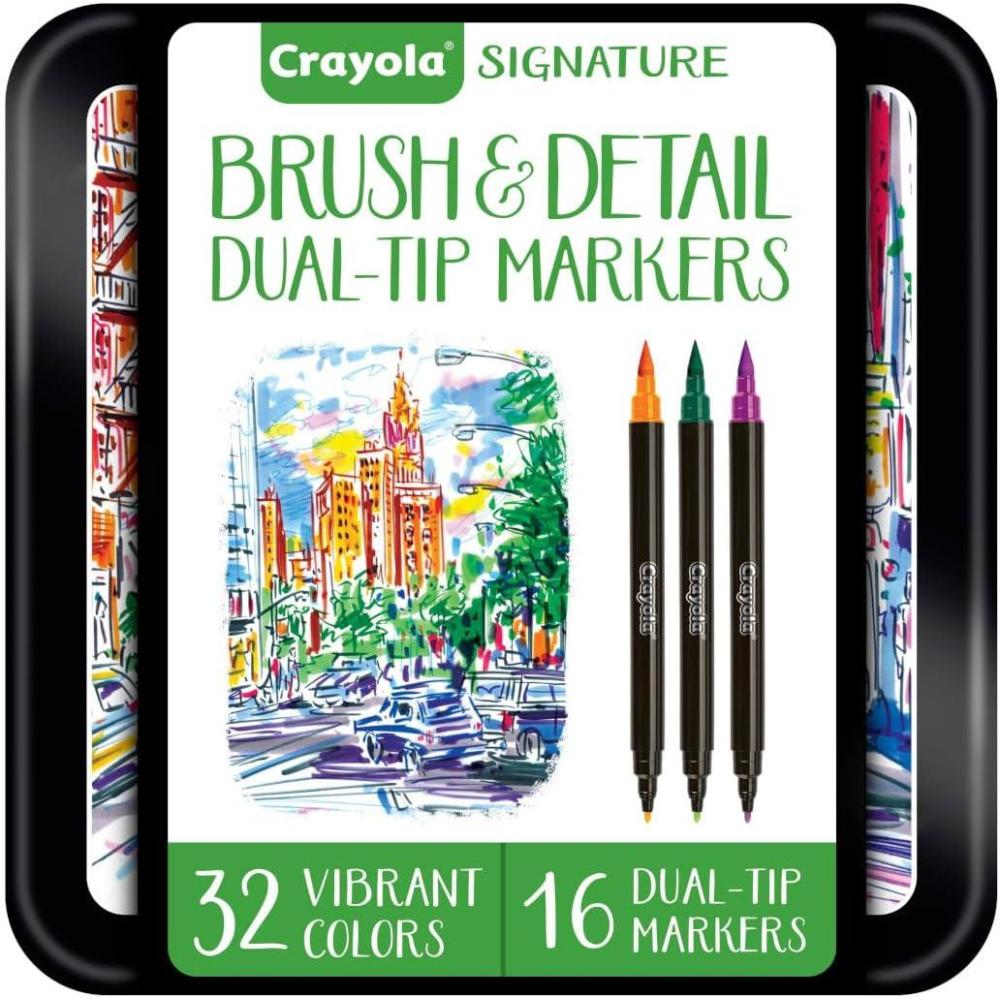 Crayola Brush & Detail Dual Tip Marker Set, 16 Markers, 32 Colors, Adult Coloring Markers, Gifts for Teens & Adults(Brush & Detail)