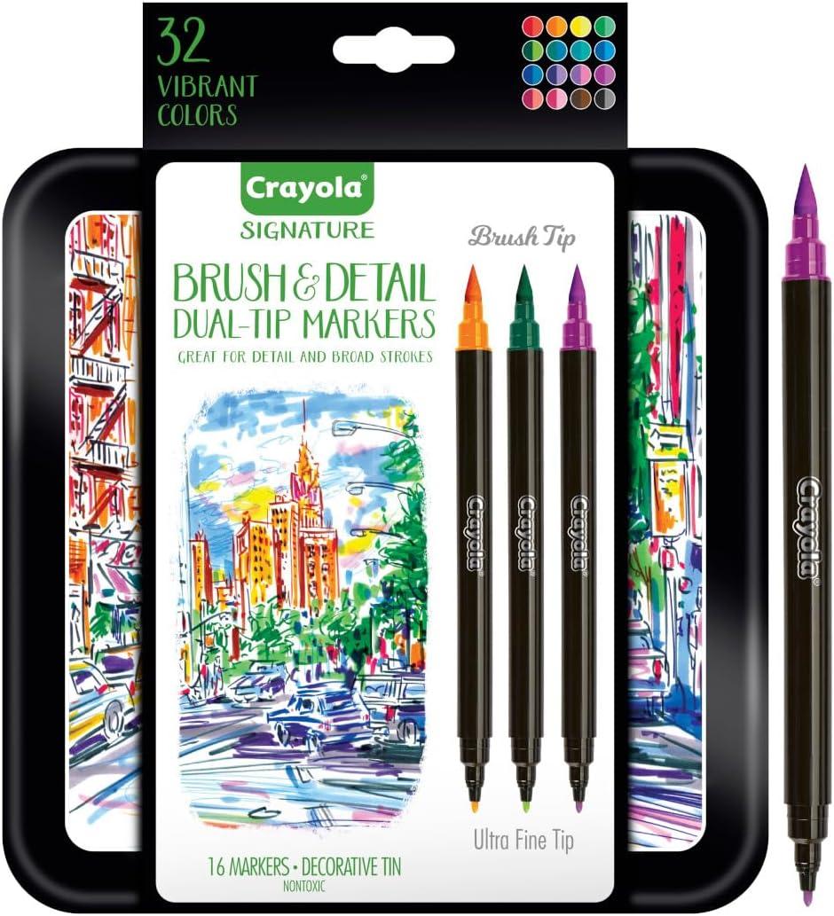 Crayola Brush & Detail Dual Tip Marker Set, 16 Markers, 32 Colors, Adult Coloring Markers, Gifts for Teens & Adults(Brush & Detail)