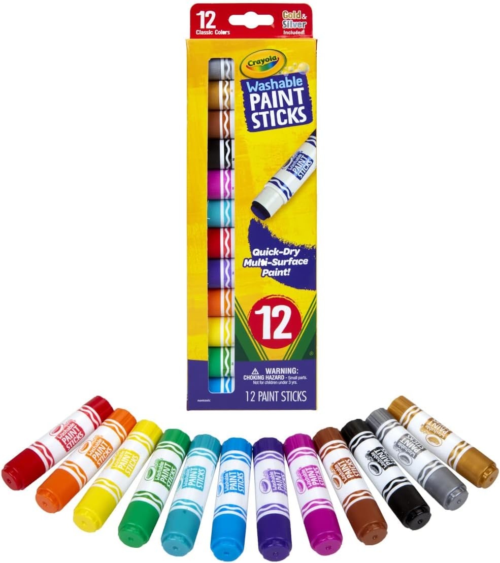 Crayola Quick Dry Paint Sticks (12ct), Washable Paint Set for Kids, Arts & Crafts Supplies, Multi-Surface, Assorted Colors, Kids Gifts(1 Count (Pack of 1))
