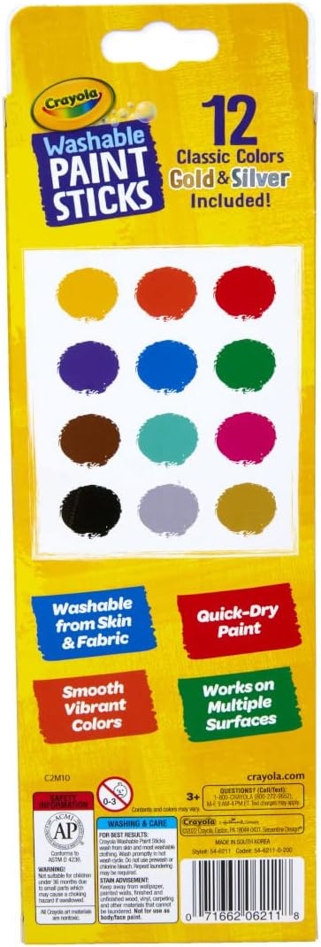 Crayola Quick Dry Paint Sticks (12ct), Washable Paint Set for Kids, Arts & Crafts Supplies, Multi-Surface, Assorted Colors, Kids Gifts(1 Count (Pack of 1))