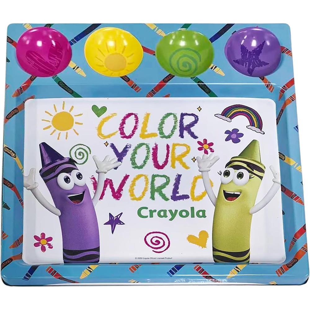 Crayola Metal Activity Tray, Square Shape, Blue with Crayon Pattern, 13 x 13 x 1 Inches, Storage Space for Crafts and Homework, Ages 3+