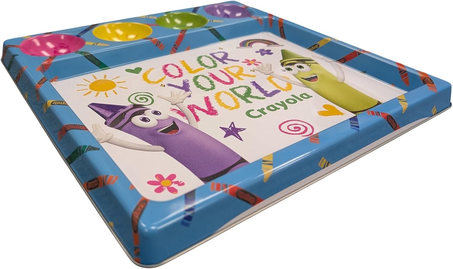 Crayola Metal Activity Tray, Square Shape, Blue with Crayon Pattern, 13 x 13 x 1 Inches, Storage Space for Crafts and Homework, Ages 3+