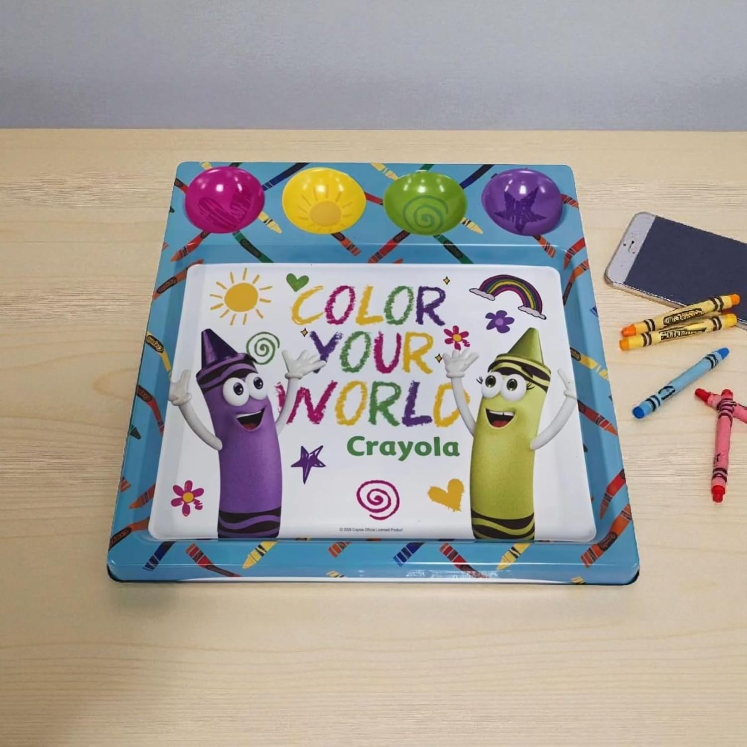 Crayola Metal Activity Tray, Square Shape, Blue with Crayon Pattern, 13 x 13 x 1 Inches, Storage Space for Crafts and Homework, Ages 3+