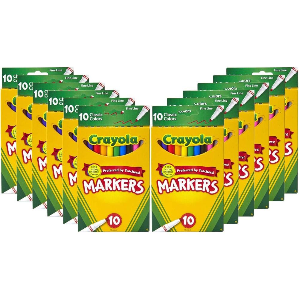 Crayola Fine Line Markers for Kids (12 Boxes), Bulk Coloring Markers for School, 10 Assorted Colors, Essential Teacher Classroom Supplies, Ages 3, 4, 5(Markers Bulk)
